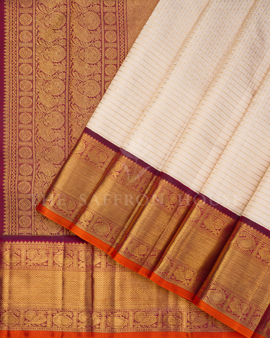 Cream Kanchivaram Silk Saree with Zari Check Weave, Maroon Pallu with Paisley Motifs