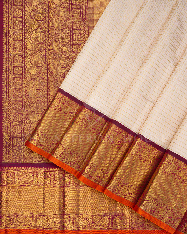 Cream Kanchivaram Silk Saree with Zari Check Weave, Maroon Pallu with Paisley Motifs