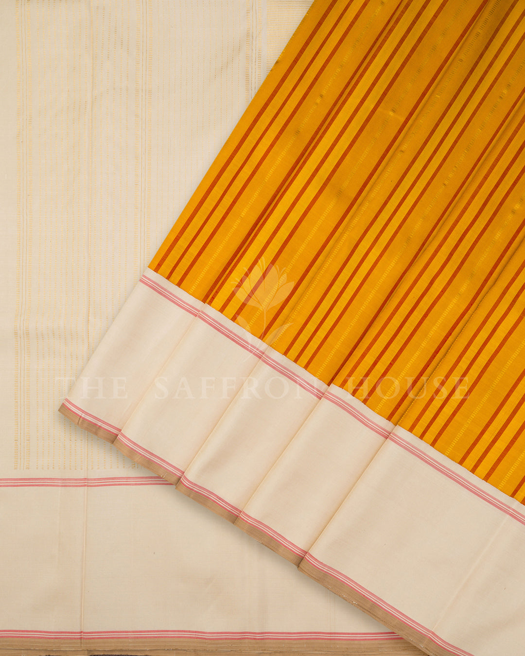 Mustard Yellow Cotton Saree with Red Pinstripes, Cream Pallu with Coral Trim