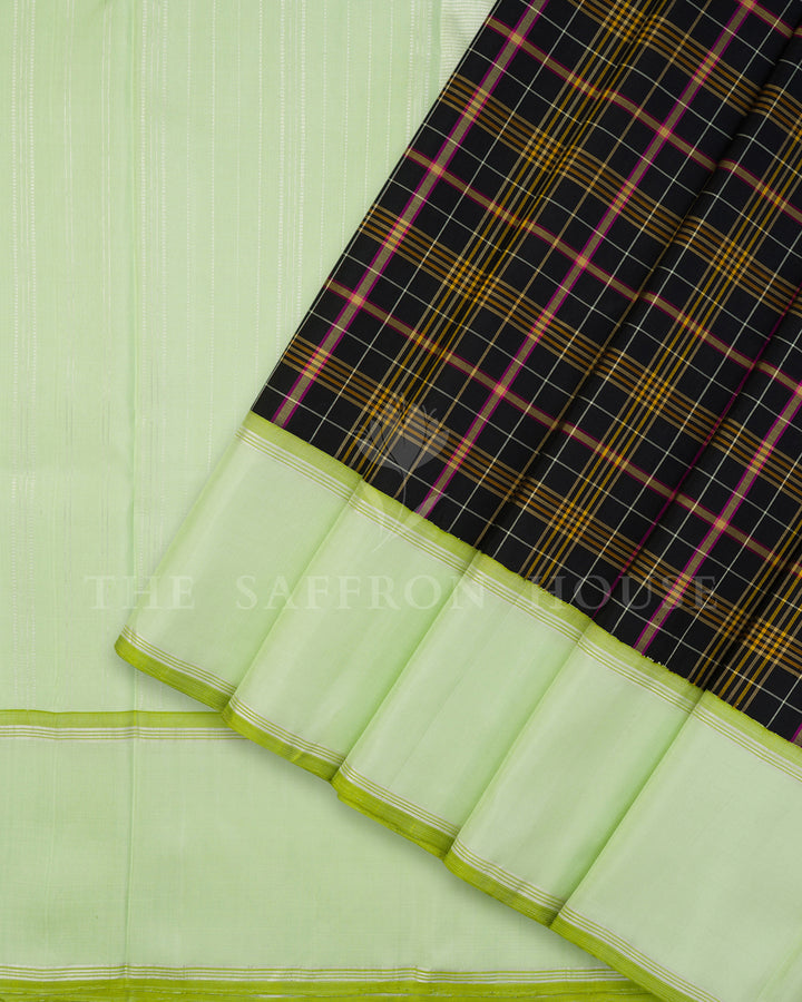 Black Tartan Check Kanchivaram Silk Saree with Green Border, Pastel Green Pallu