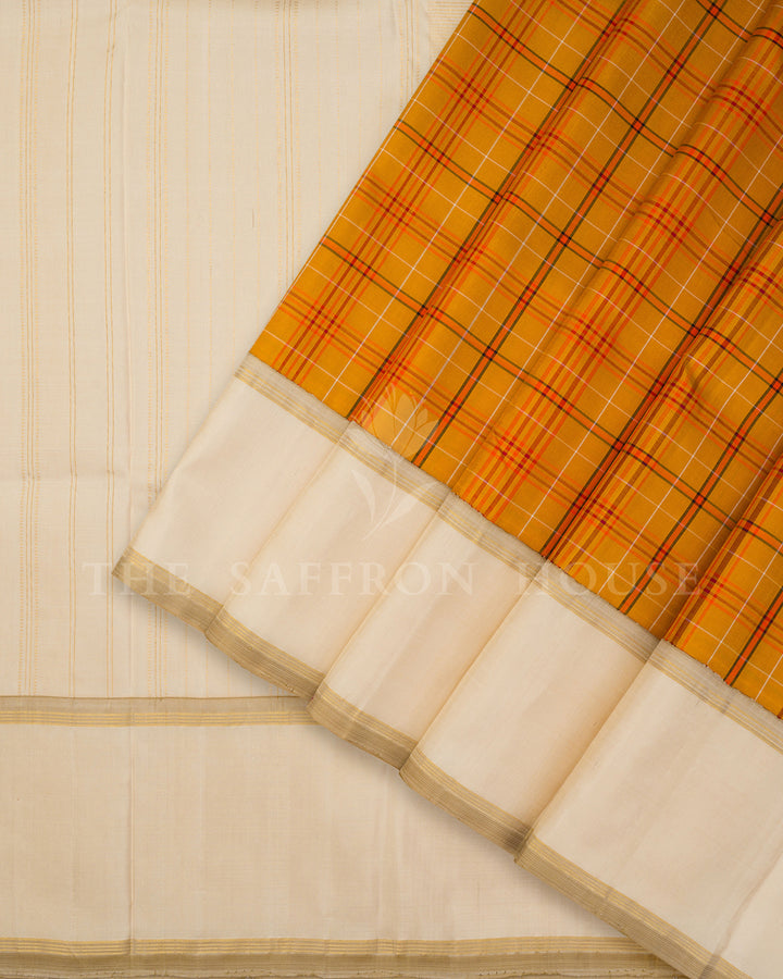 Mustard Tartan Check Kanchivaram Silk Saree with Gold Border, Cream Pallu