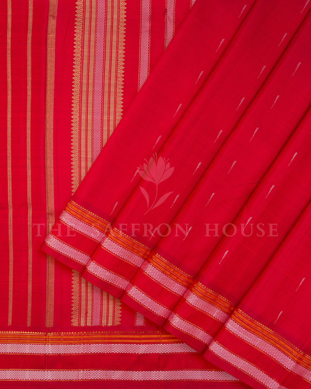 Red Kanchivaram Silk Saree with Silver Zari Buttis, White Zigzag Border