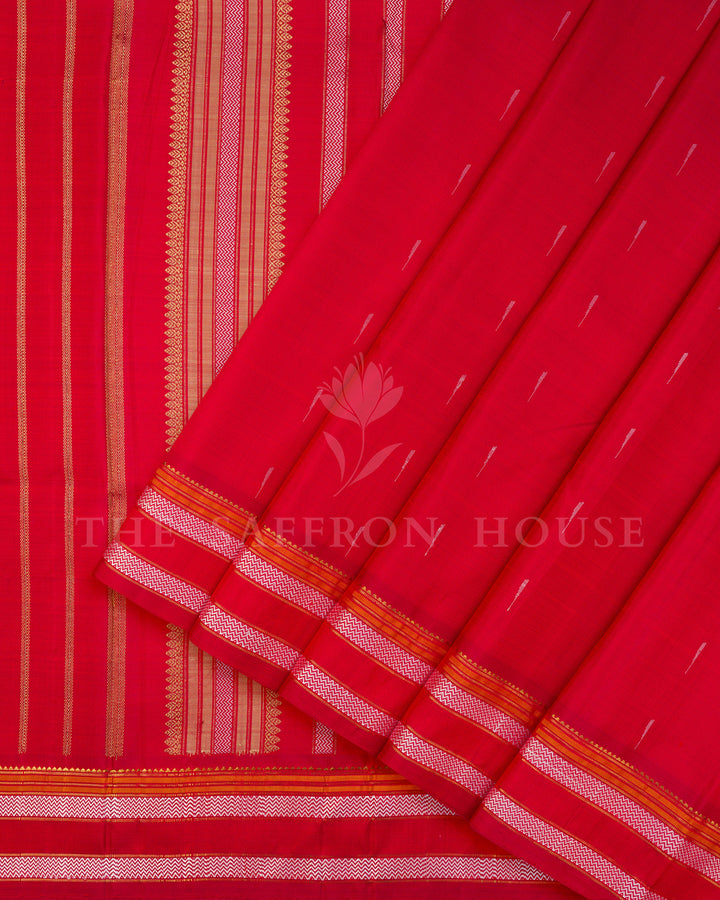 Red Kanchivaram Silk Saree with Silver Zari Buttis, White Zigzag Border