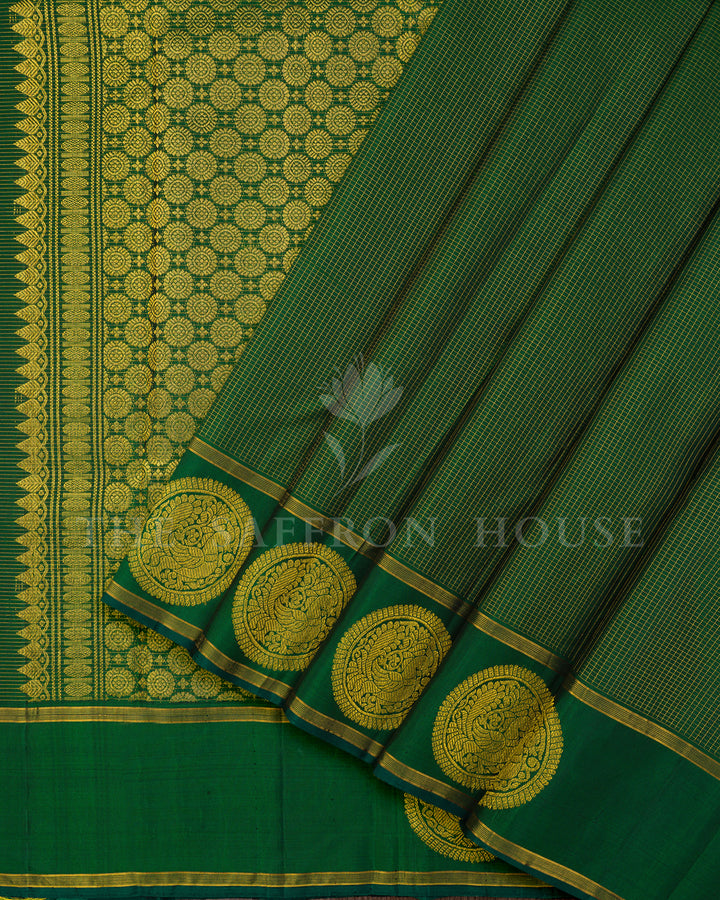 Bottle Green Kanchivaram Silk Saree with Zari Check Weave, Peacock Medallion Border