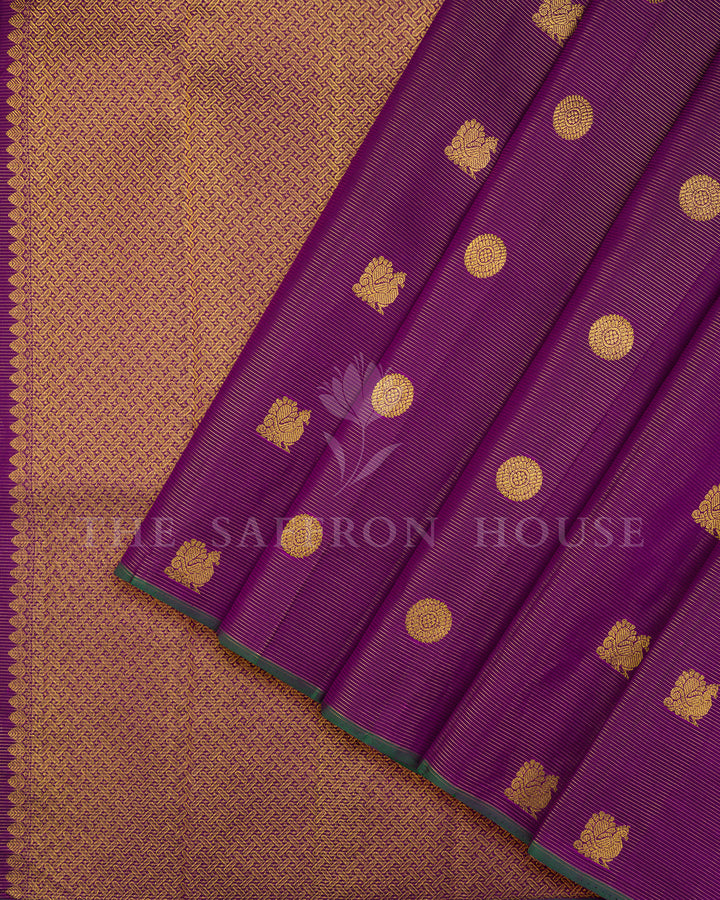 Purple Kanchivaram Silk Saree with Gold Zari Buttis, Rust Basket Weave Pallu