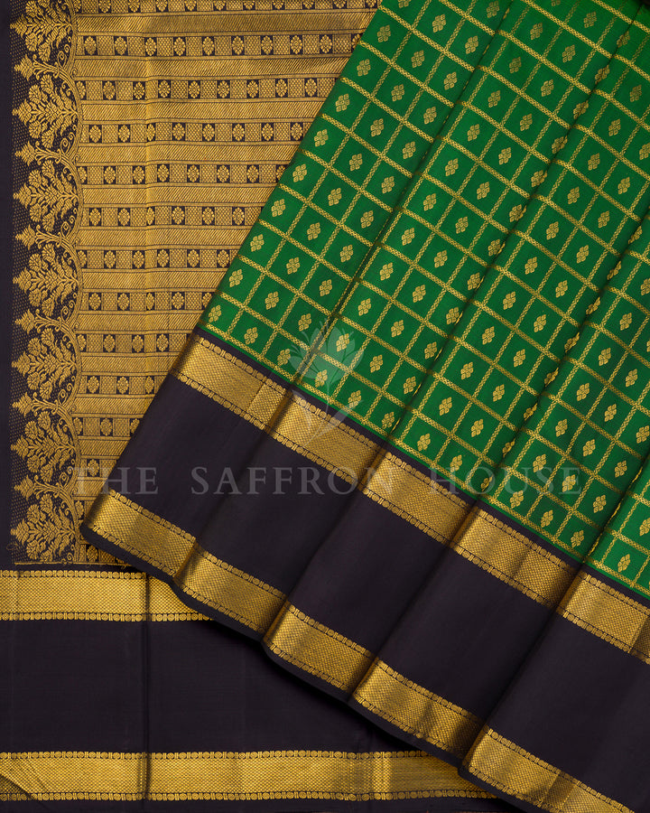 Green Kanchivaram Silk Saree with Gold Zari Check Weave, Black Border
