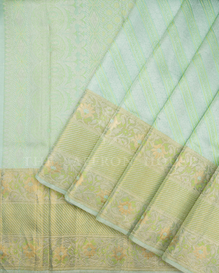 Mint Green Kanchivaram Silk Saree with Diagonal Stripe Weave, Floral Zari Border