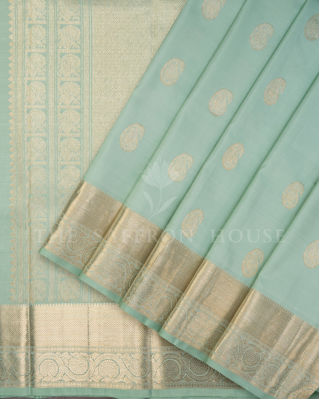 Mint Green Kanchivaram Silk Saree with Gold Zari Paisley Buttis, Wide Gold Border