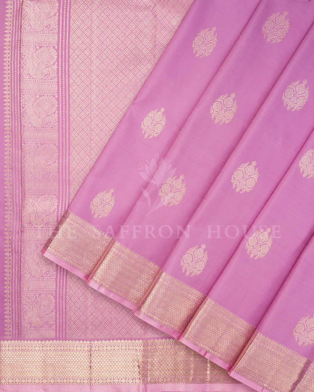 Mauve Kanchivaram Silk Saree with Gold Zari Paisley Buttis, Gold Border