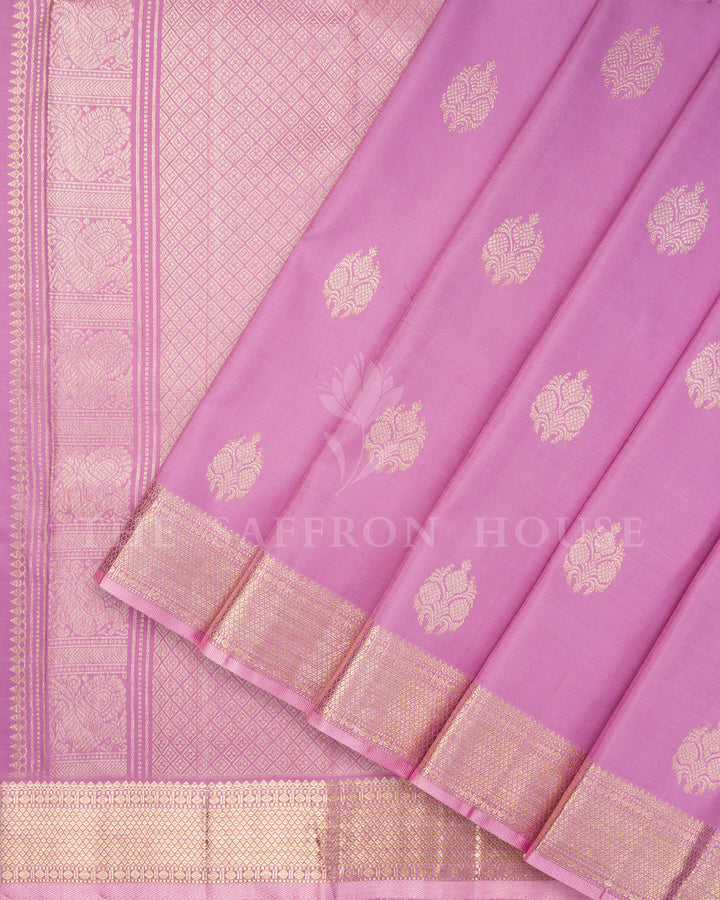 Mauve Kanchivaram Silk Saree with Gold Zari Paisley Buttis, Gold Border