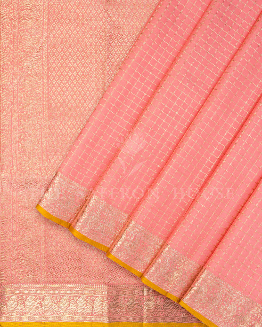Peach Kanchivaram Silk Saree with Zari Check Weave
