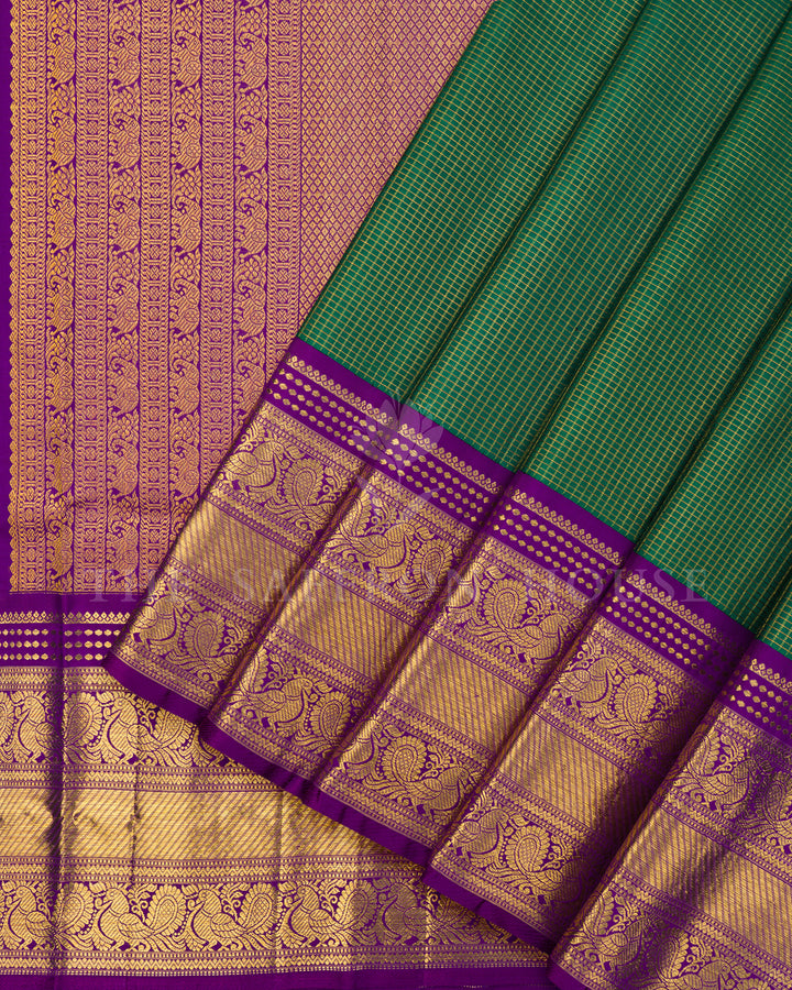 Green Kanchivaram Silk Saree with Zari Check Weave, Purple Peacock Border