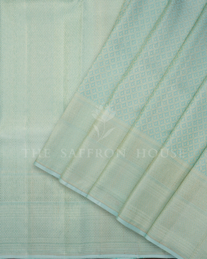 Mint Green Kanchivaram Silk Saree with Zari Diamond Lattice, Self-Tone Border