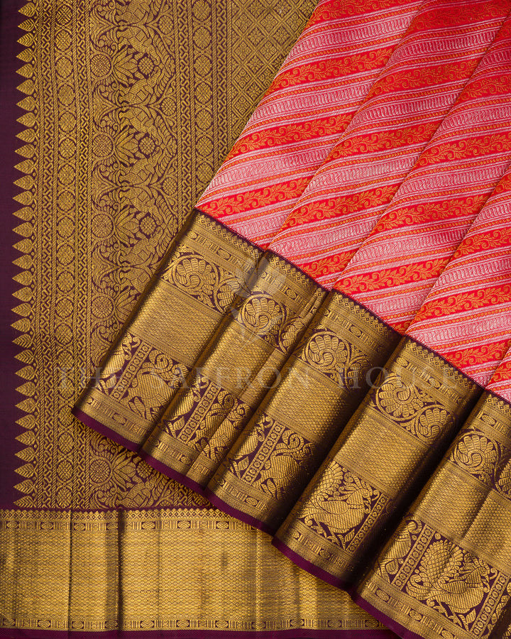 Red Kanchivaram Silk Saree with Diagonal Zari Stripes, Wine Gold Border