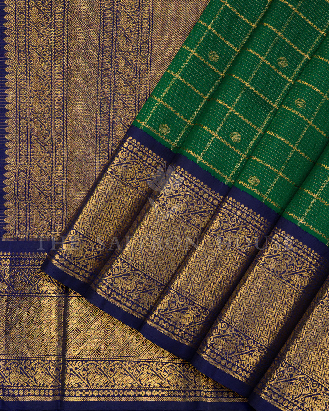 Green Kanchivaram Silk Saree with Gold Zari Check Weave, Navy Blue Border
