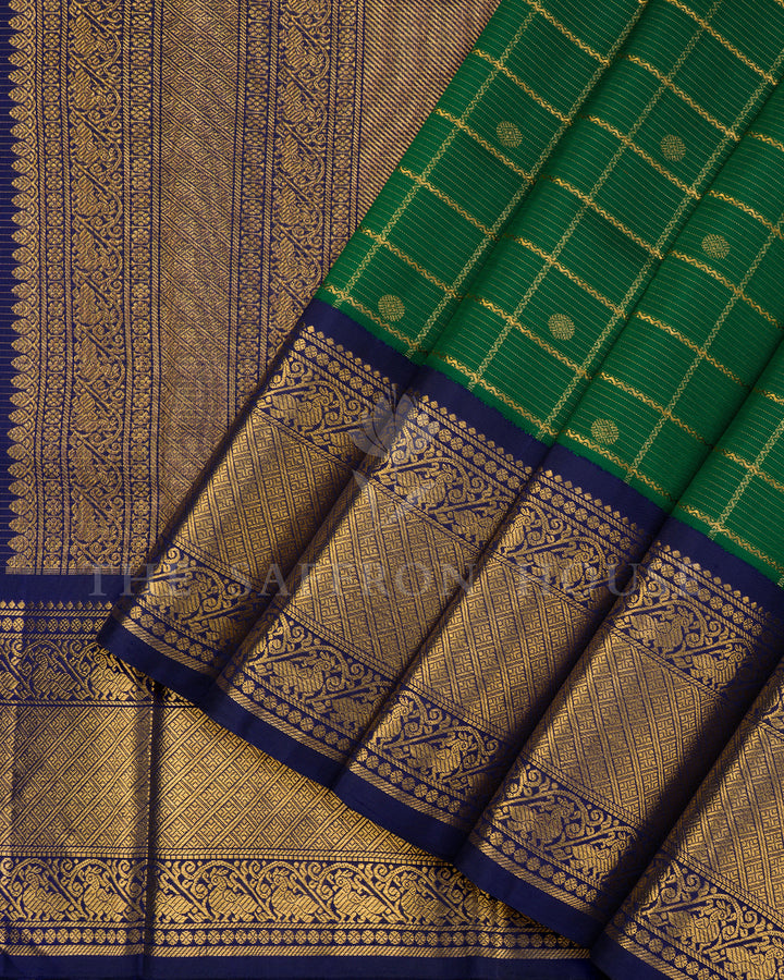 Green Kanchivaram Silk Saree with Gold Zari Check Weave, Navy Blue Border