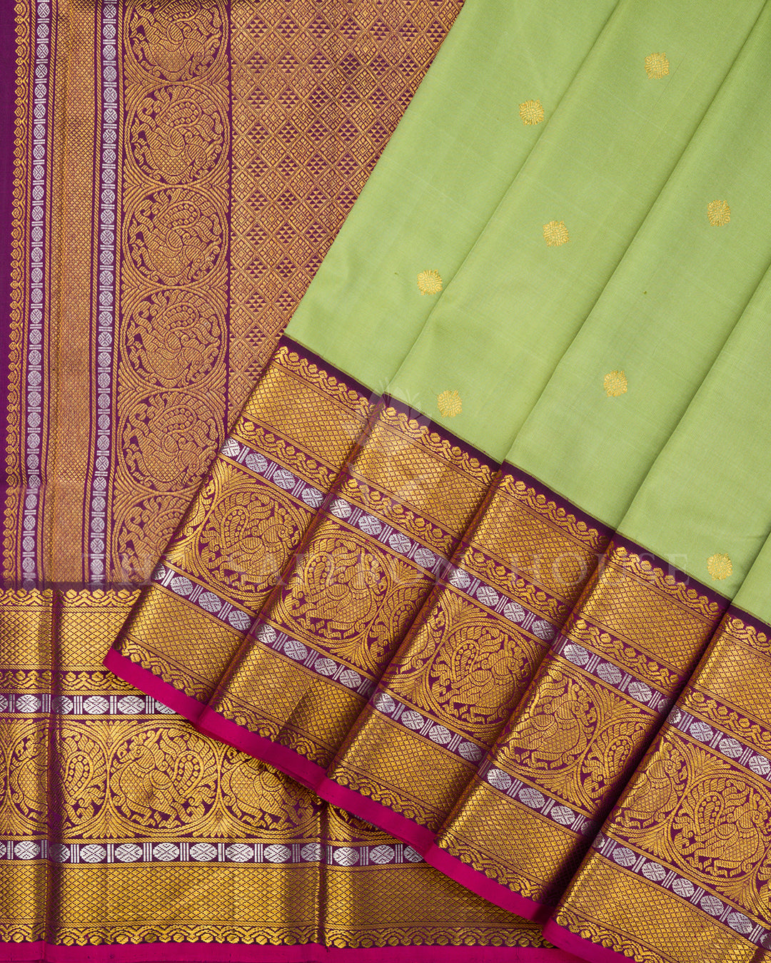 Pista Green Kanchivaram Silk Saree with Gold Zari Buttis, Wine Peacock Border