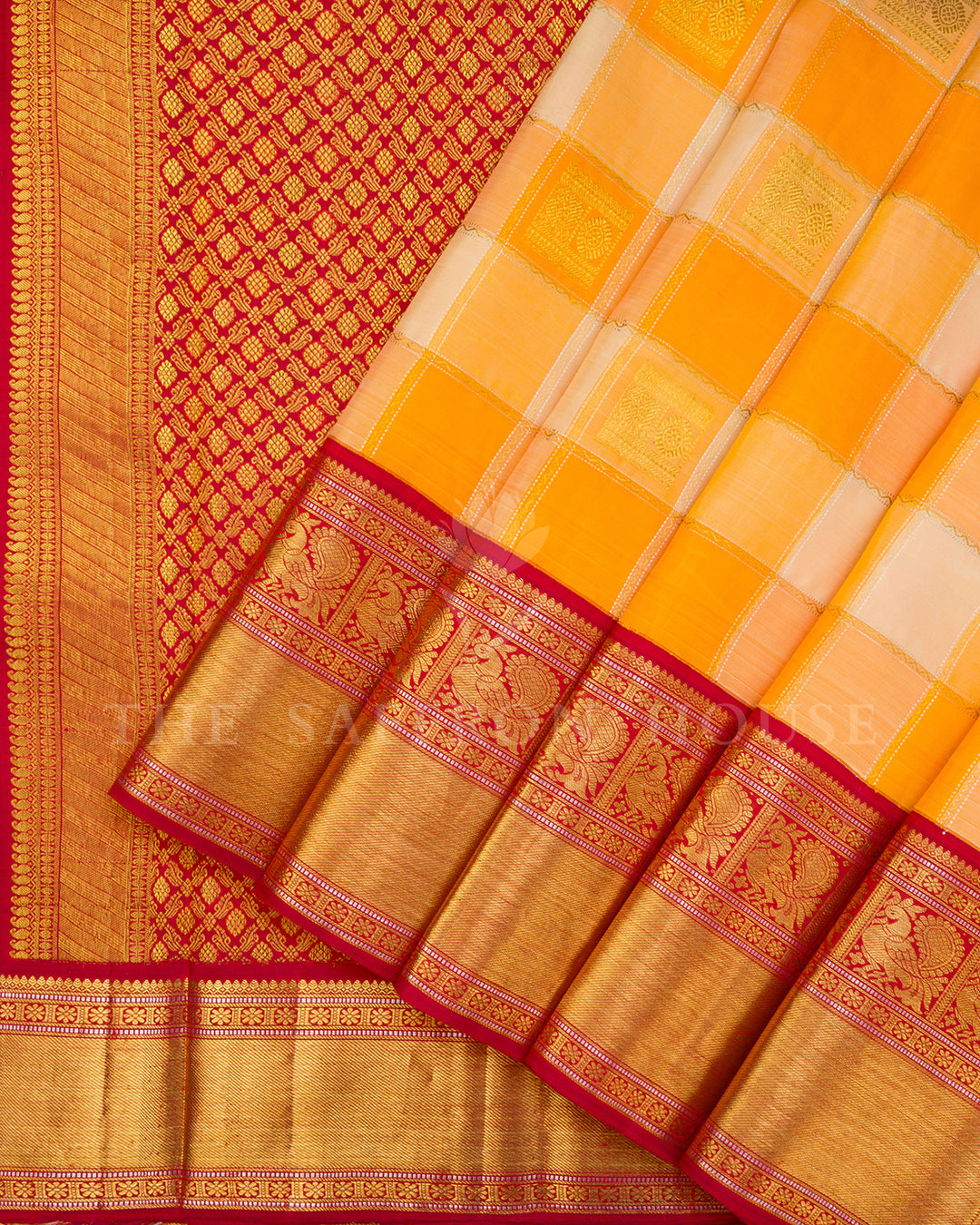 Mustard Yellow Checked Kanchivaram Silk Saree with Red Border, Gold Zari Pallu