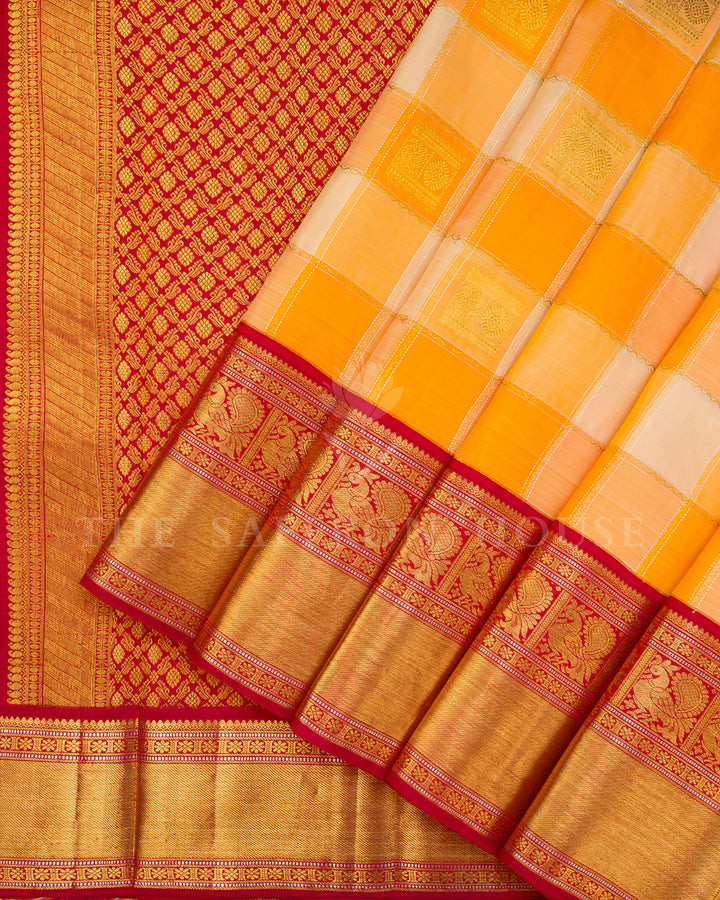 Mustard Yellow Checked Kanchivaram Silk Saree with Red Border, Gold Zari Pallu