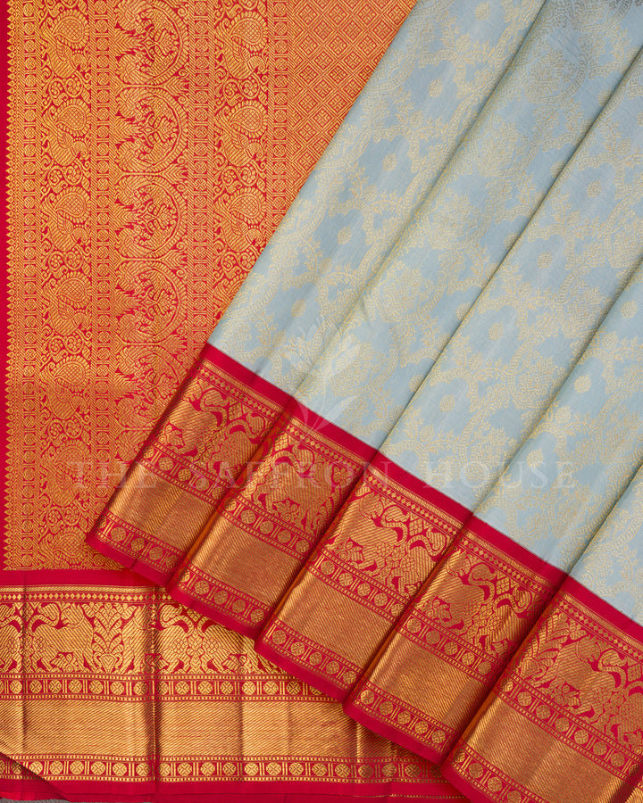 Powder Blue Kanchivaram Silk Saree with Zari Floral Jaal, Red Border with Elephant Motifs