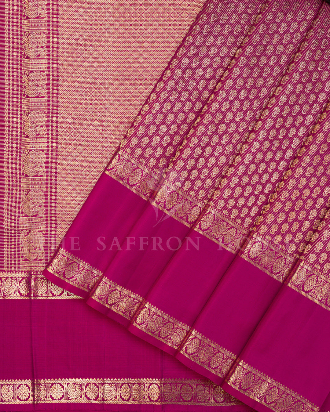 Magenta Kanchivaram Silk Saree with Zari Leaf Jaal, Peacock Border with Diamond Lattice Pallu