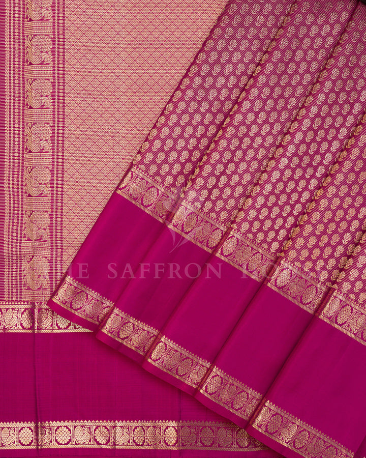 Magenta Kanchivaram Silk Saree with Zari Leaf Jaal, Peacock Border with Diamond Lattice Pallu