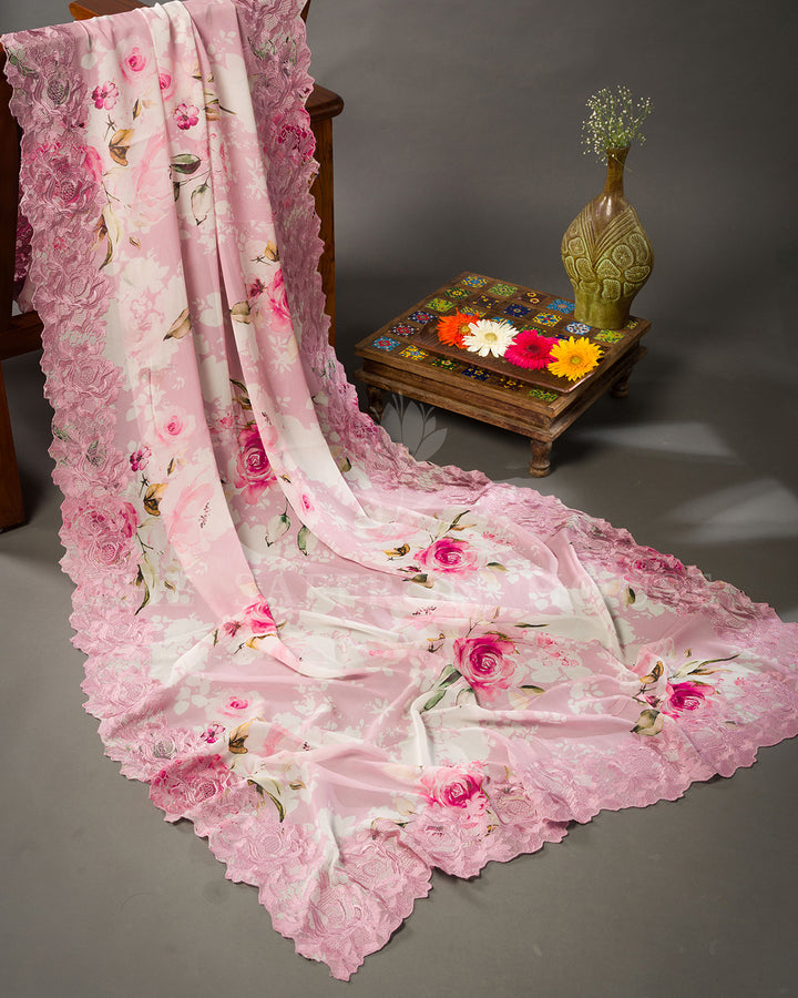 Blush Pink Organza Saree with Watercolour Rose Print, Scalloped Cutwork Lace Border