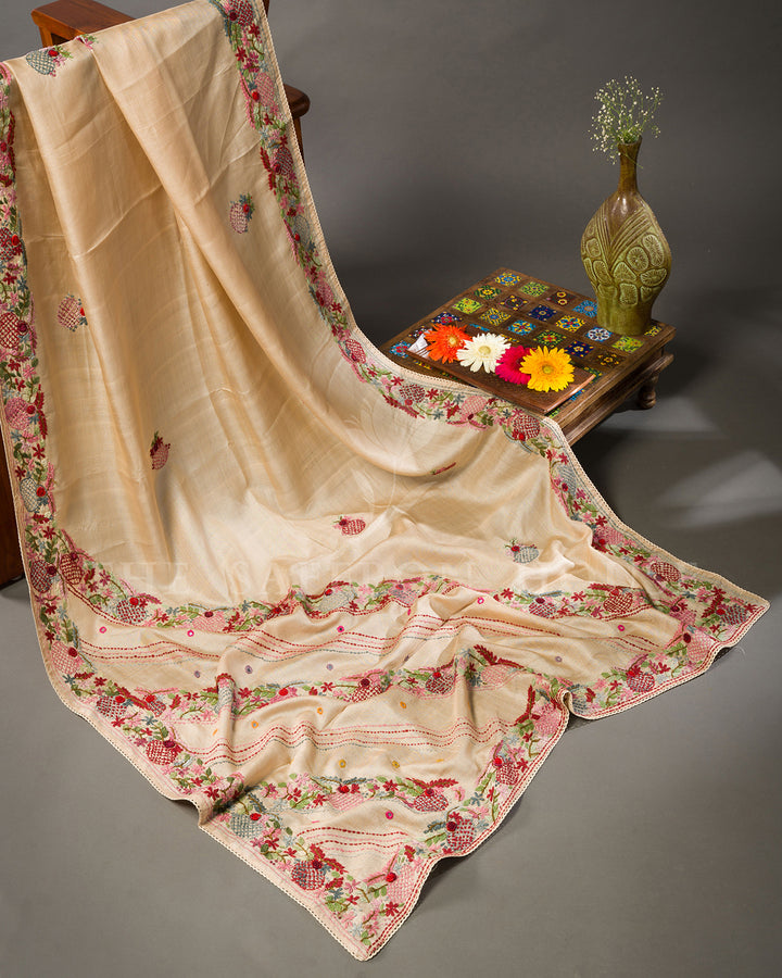 Cream Tussar Silk Saree with Multicolour Pomegranate Vine Embroidery and Mirror Work