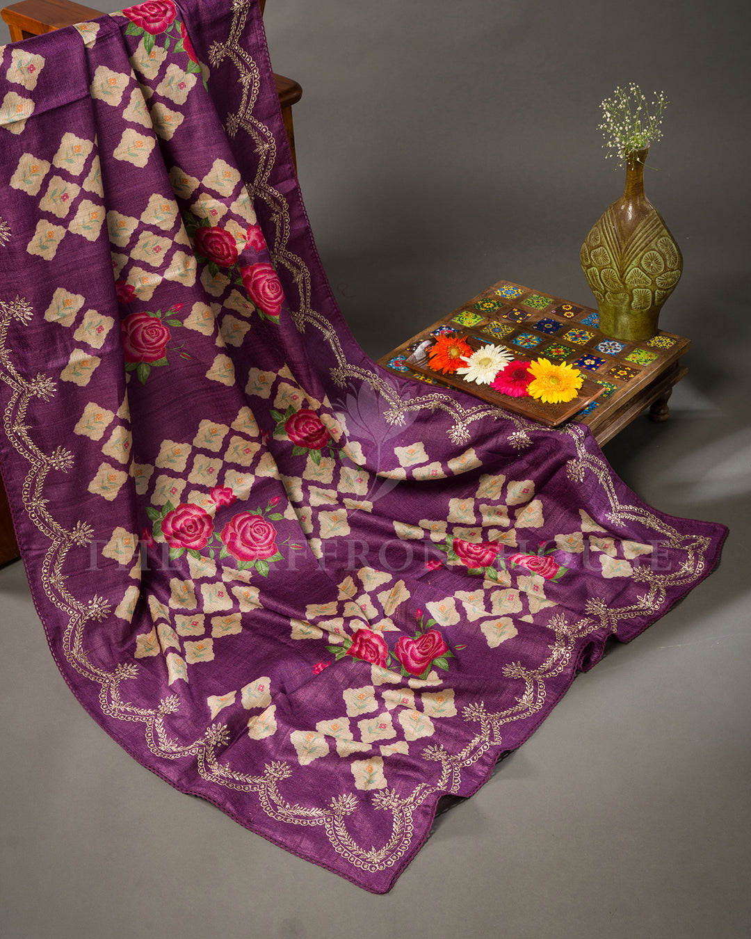 Purple Tussar Silk Saree with Printed Floral Grid, Rose Motifs and Gold Zari Scallop Border