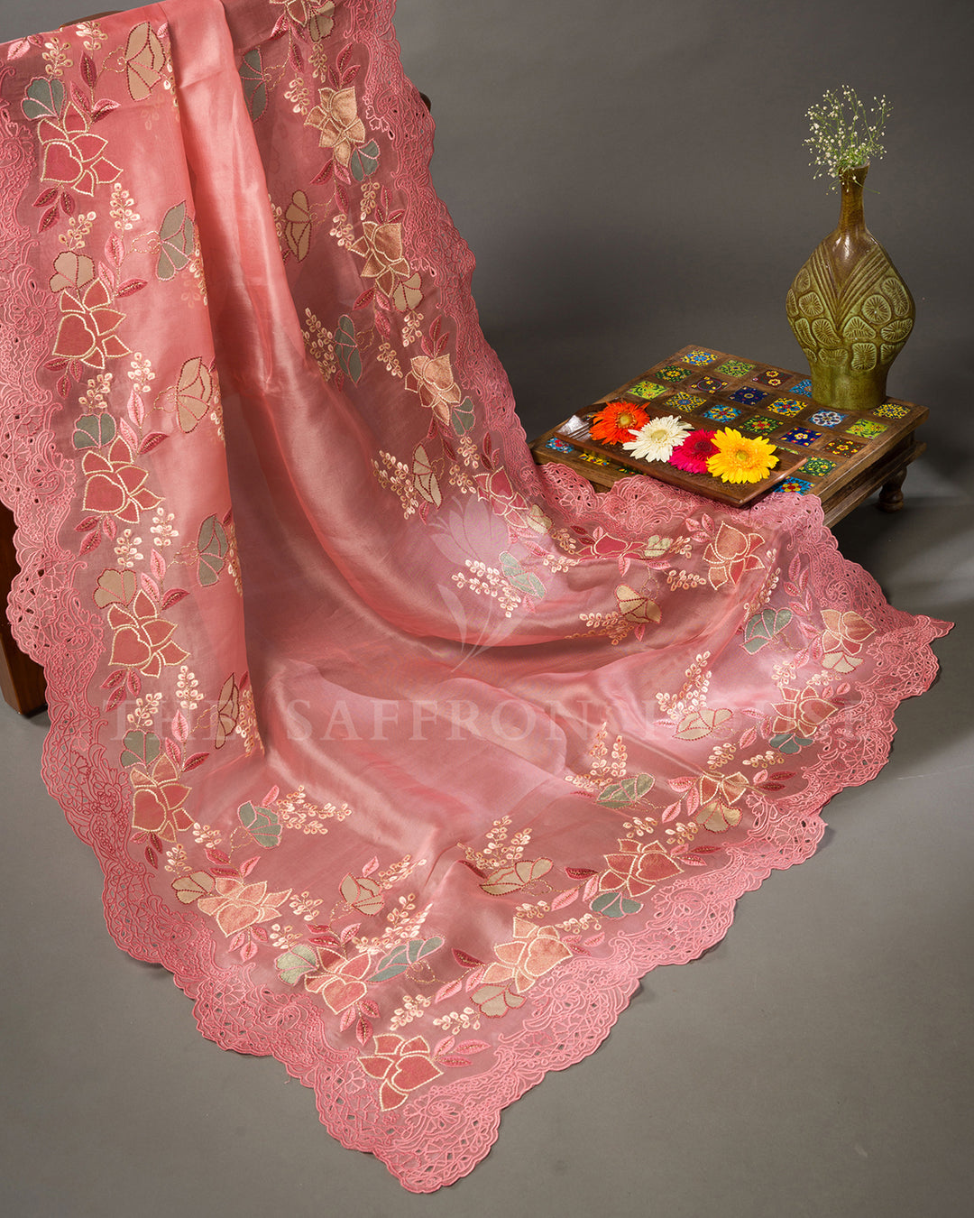 Rose Pink Organza Saree with Applique Floral Embroidery and Cutwork Scallop Border