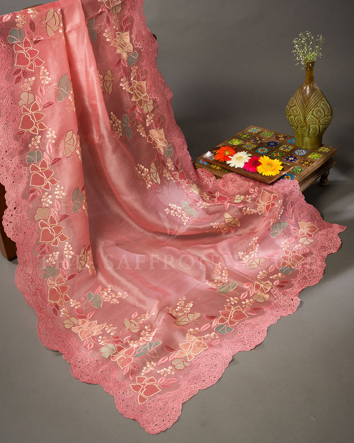 Rose Pink Organza Saree with Applique Floral Embroidery and Cutwork Scallop Border