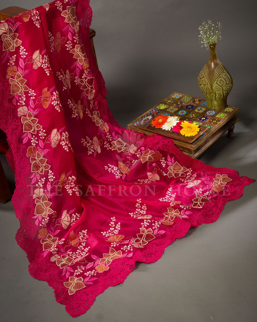 Rose Pink Tussar Silk Saree with Applique Floral Embroidery and Cutwork Scallop Border