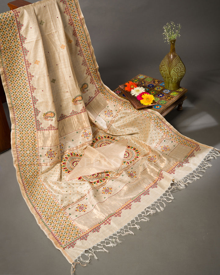 Natural Beige Tussar Silk Saree with Kutch Hand Embroidery and Mirror Work