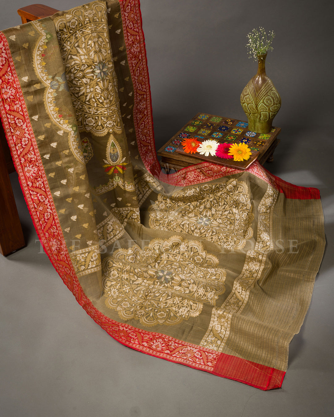 Olive Green Tussar Silk Banarasi Saree with Meenakari Zari Medallions and Red Border