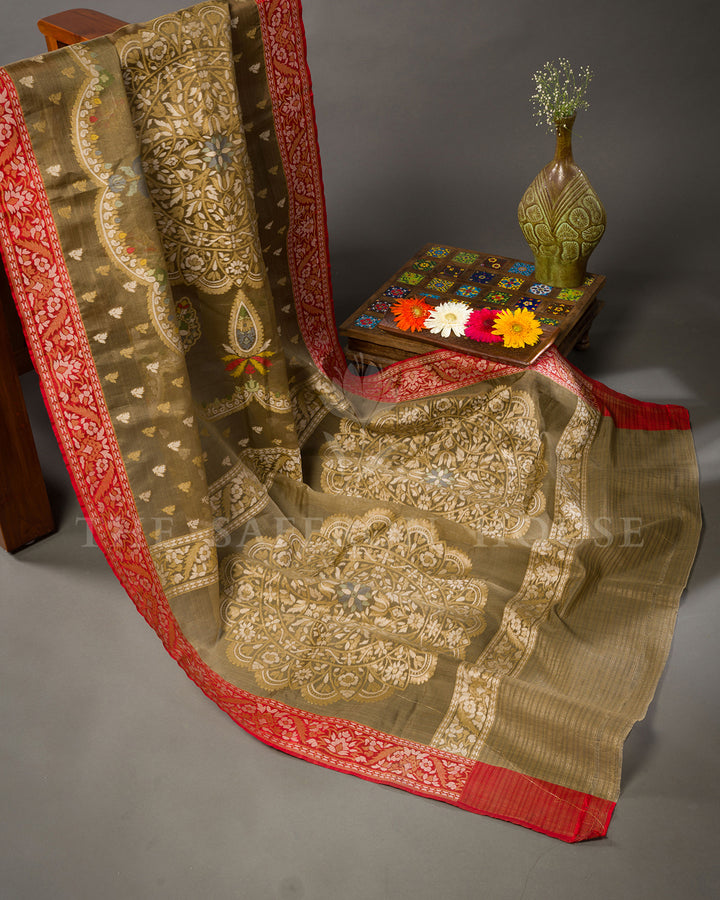 Olive Green Tussar Silk Banarasi Saree with Meenakari Zari Medallions and Red Border