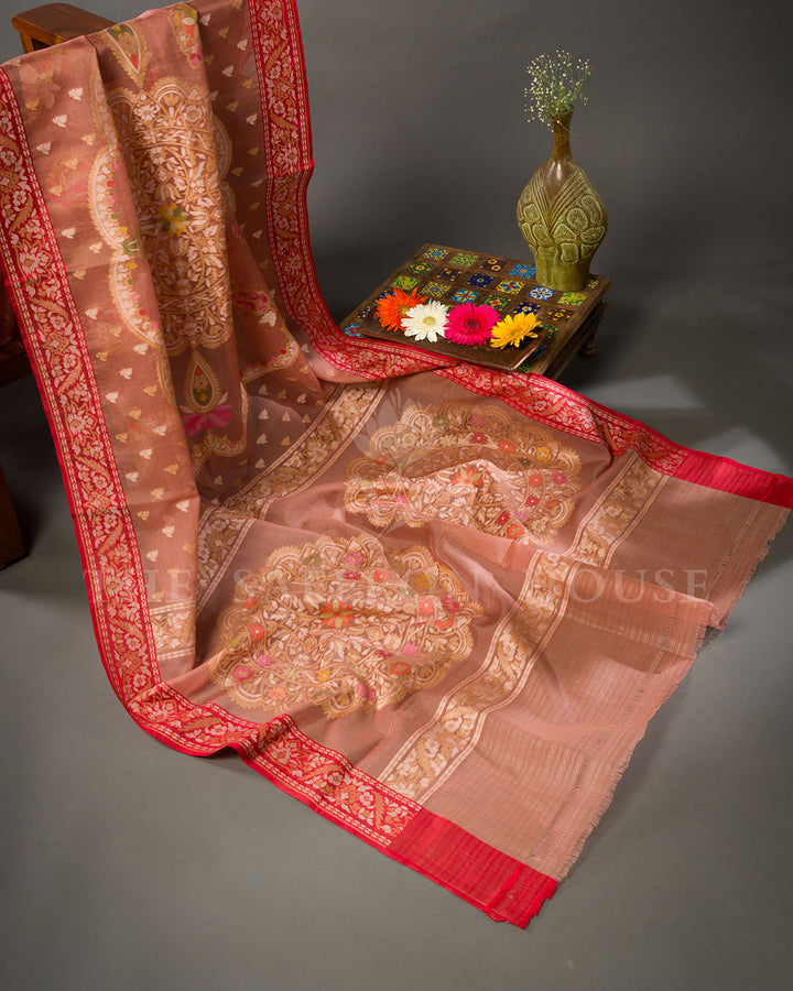 Dusty Rose Tussar Silk Banarasi Saree with Meenakari Zari Medallions and Red Border