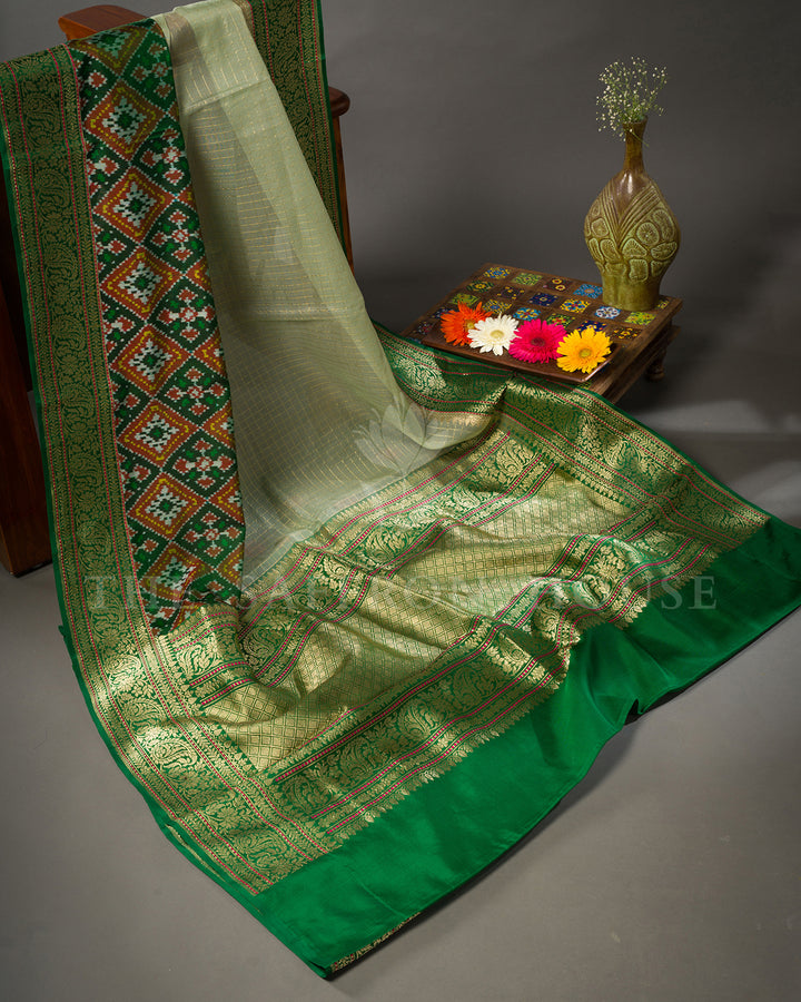 Pistachio Green Banarasi Organza with Patan Patola Fusion Border and Floral Brocade Blouse