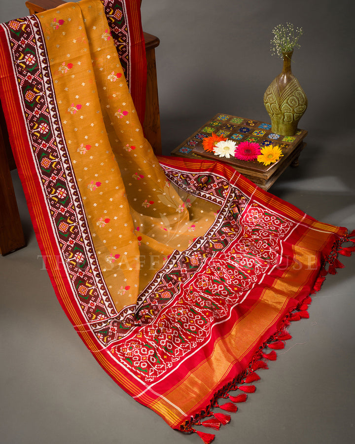 Marigold Orange Kota Saree with Patan Patola Fusion Border and Zari Butis
