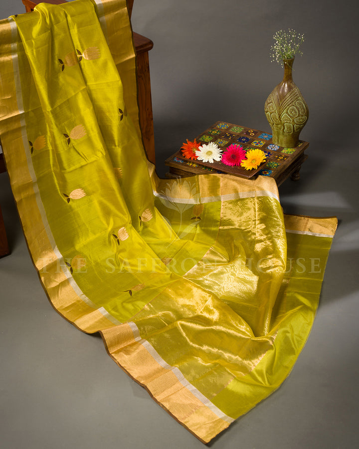 Turmeric Yellow Tussar Silk Saree with Gold Zari Lotus Butis and Tissue Border