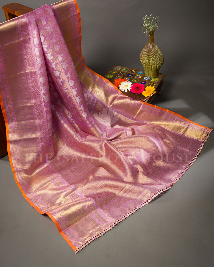Orchid Lilac Kora Kanchivaram Silk Saree with Gold and Silver Zari Elephant Jaal