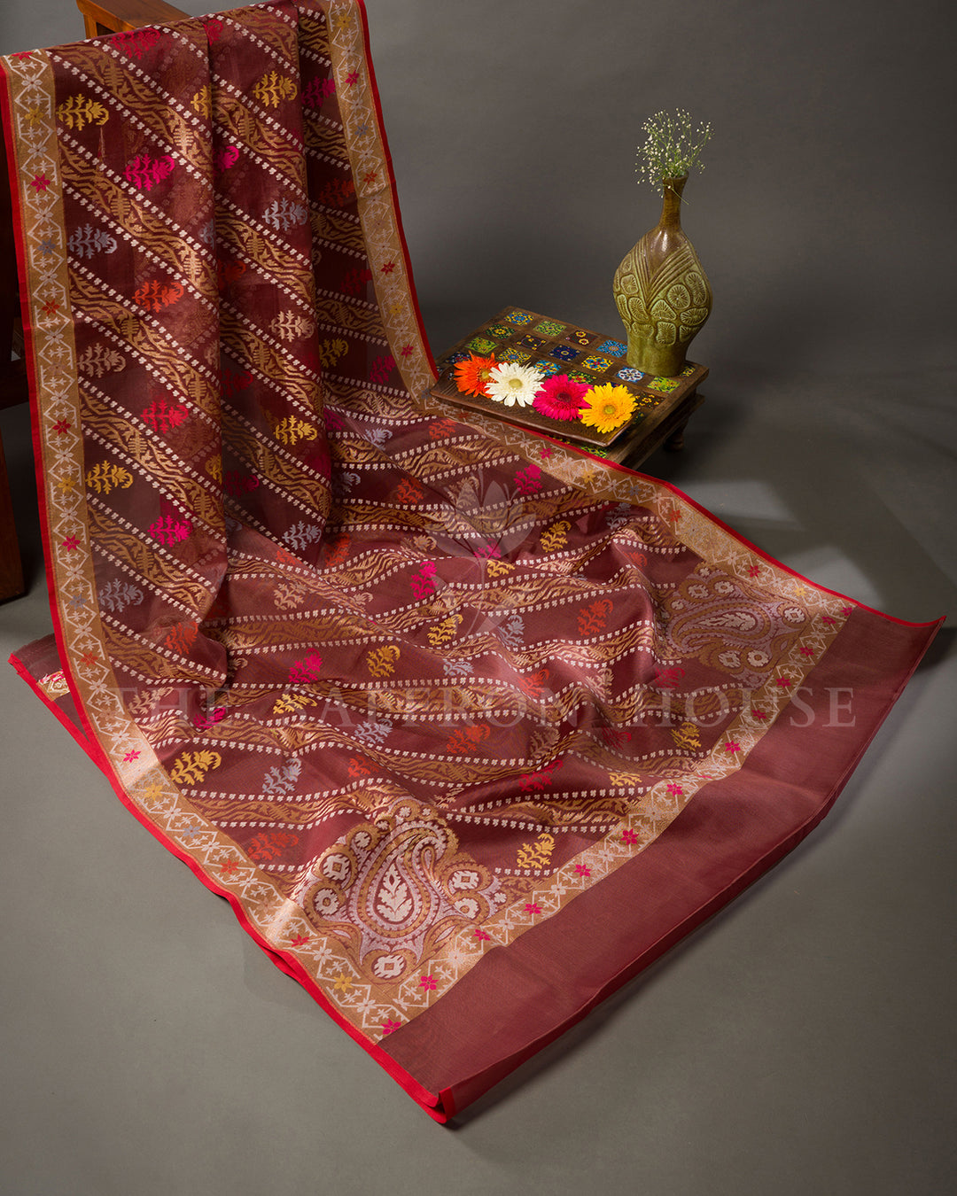 Rosewood Maroon Kora Jamdani Saree with Zari Vines and Multicoloured Butas