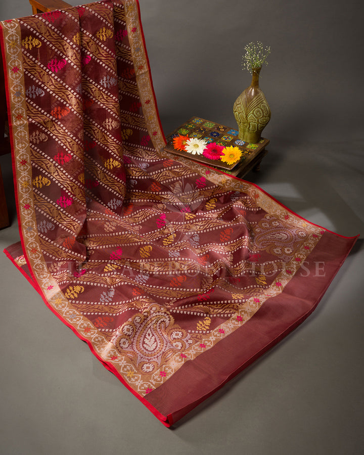 Rosewood Maroon Kora Jamdani Saree with Zari Vines and Multicoloured Butas
