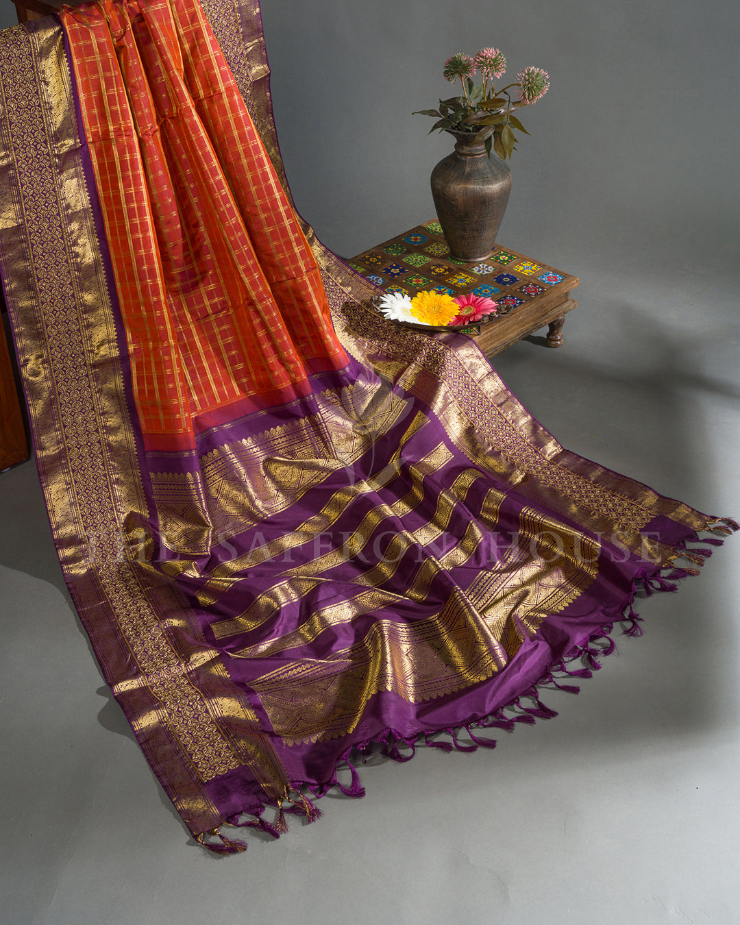Orange & Purple Hand Embroidered Kanchivaram Silk Saree