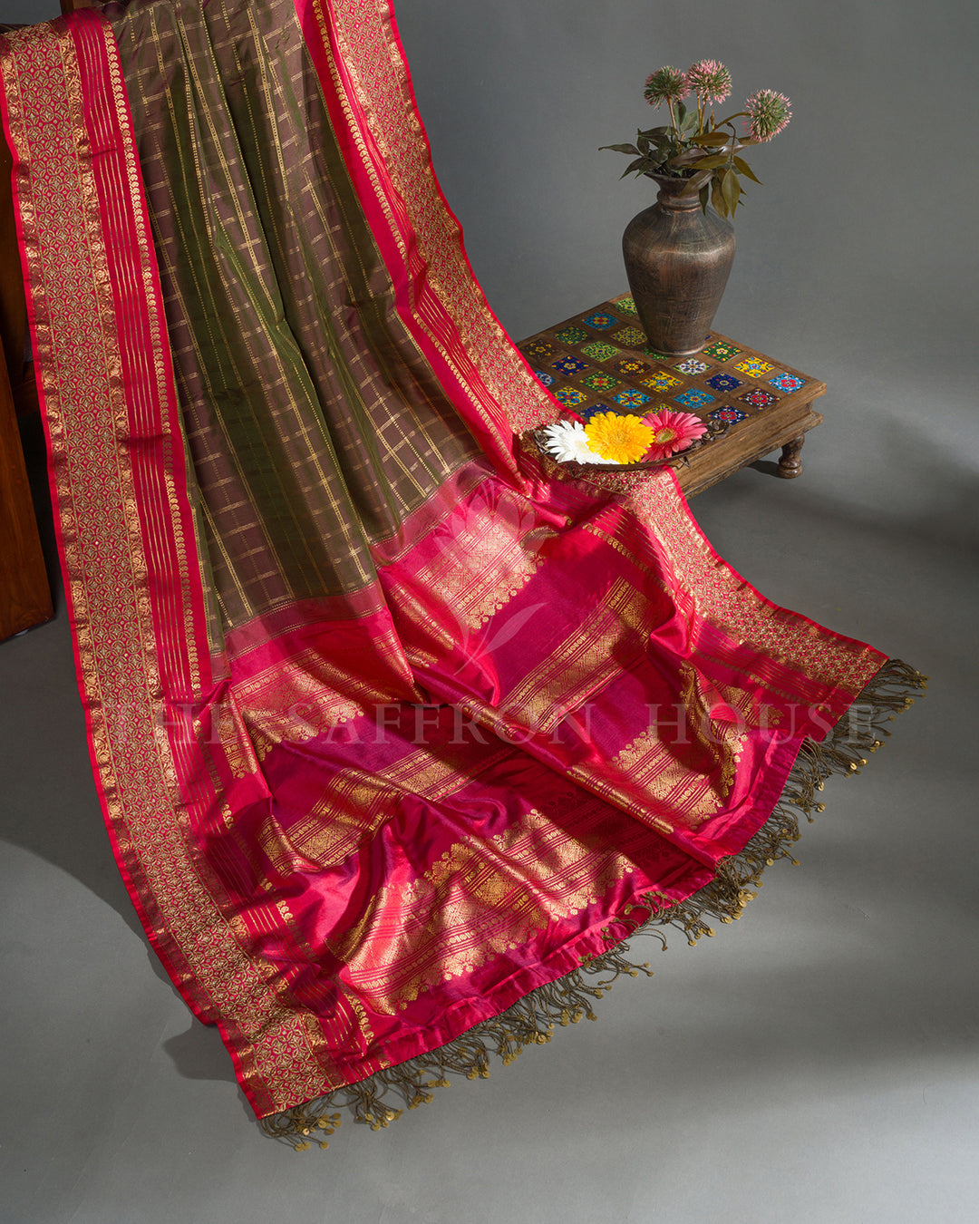 Olive Green & Pink Hand Embroidered Kanchivaram Silk Saree