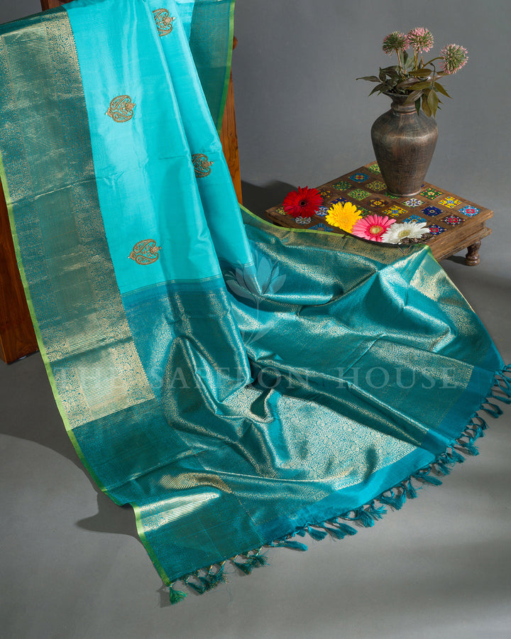 Sky Blue & Teal Hand Embroidered Kanchivaram Silk Saree