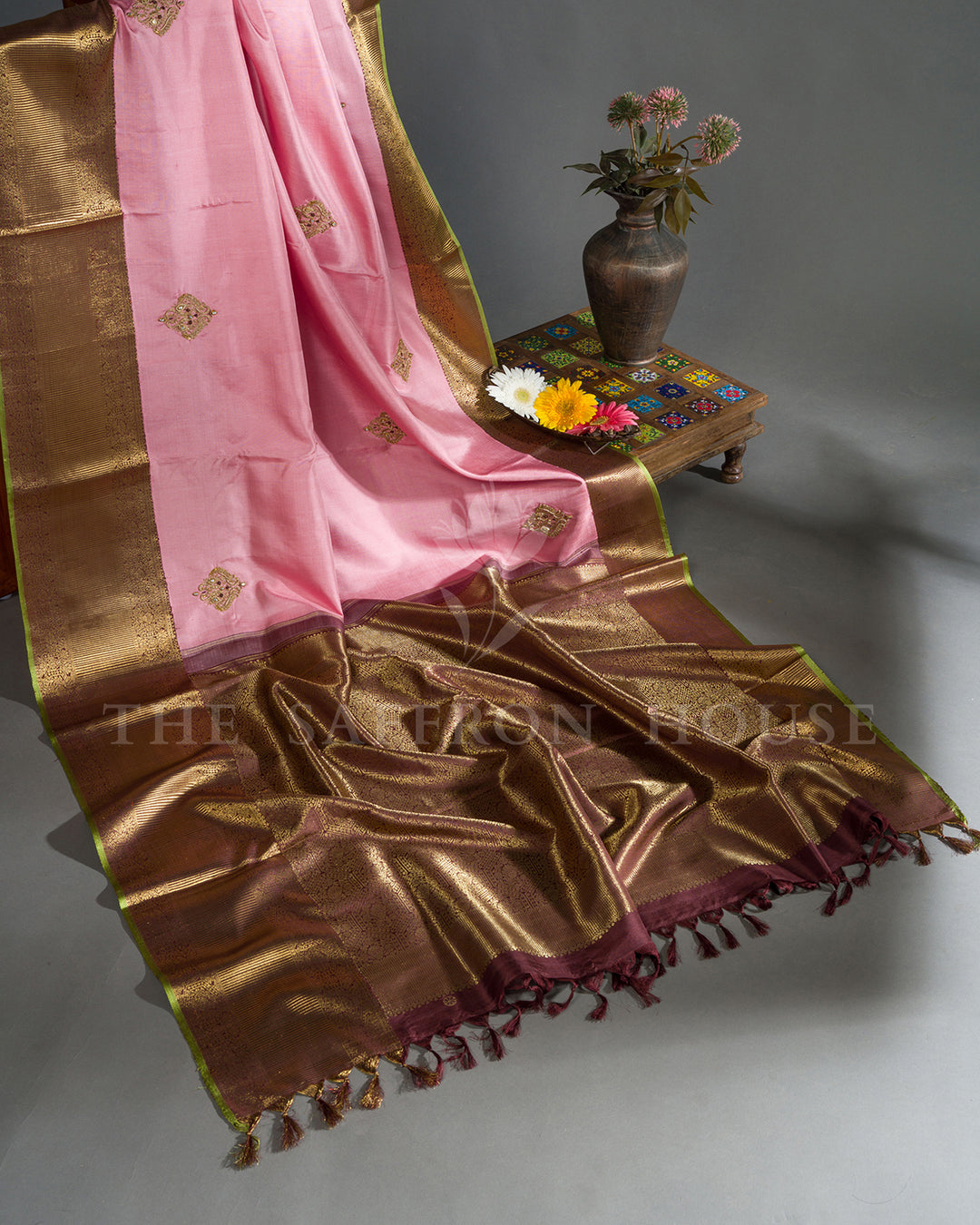 Baby Pink & Maroon Hand Embroidered Kanchivaram Silk Saree
