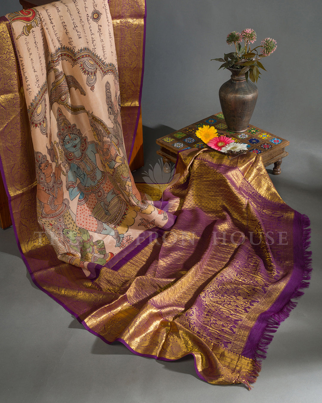 Peach & Purple Hand Painted Kalamkari Kanchivaram Silk Saree