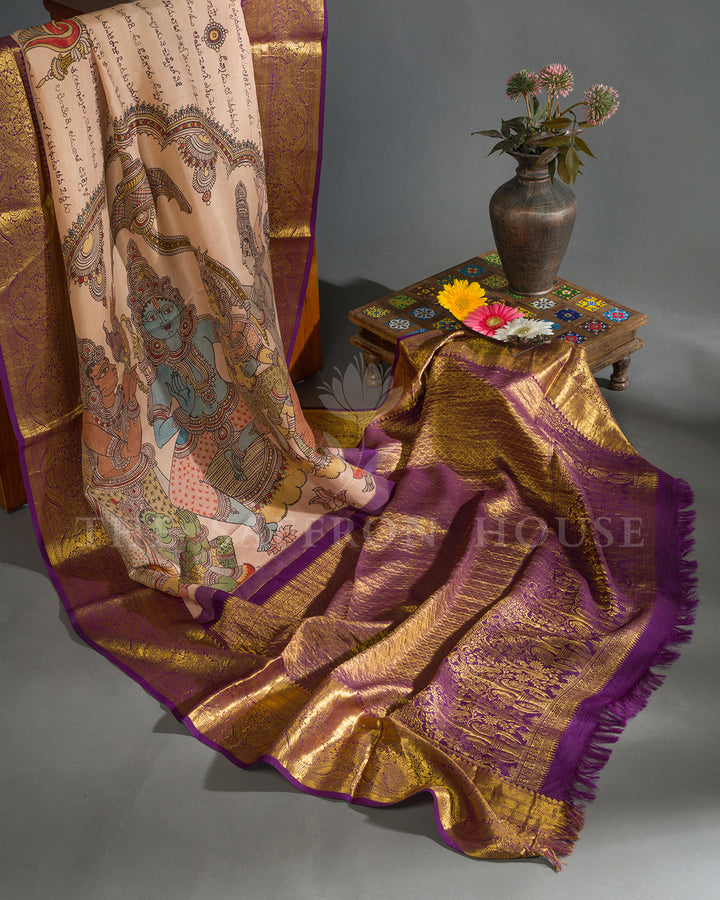 Peach & Purple Hand Painted Kalamkari Kanchivaram Silk Saree