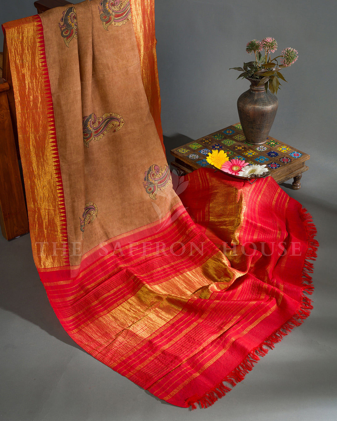 Brown & Red Hand Painted Kalamkari Kanchivaram Silk Saree