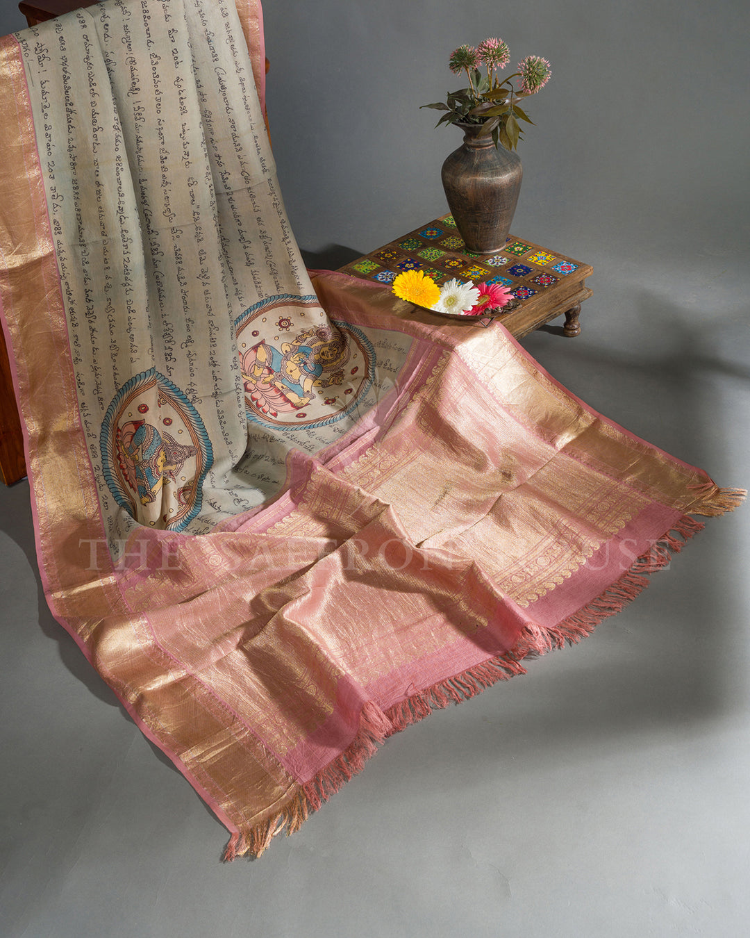 Beige & Pink Ashta Lakshmi Kalamkari Kanchivaram Silk Saree